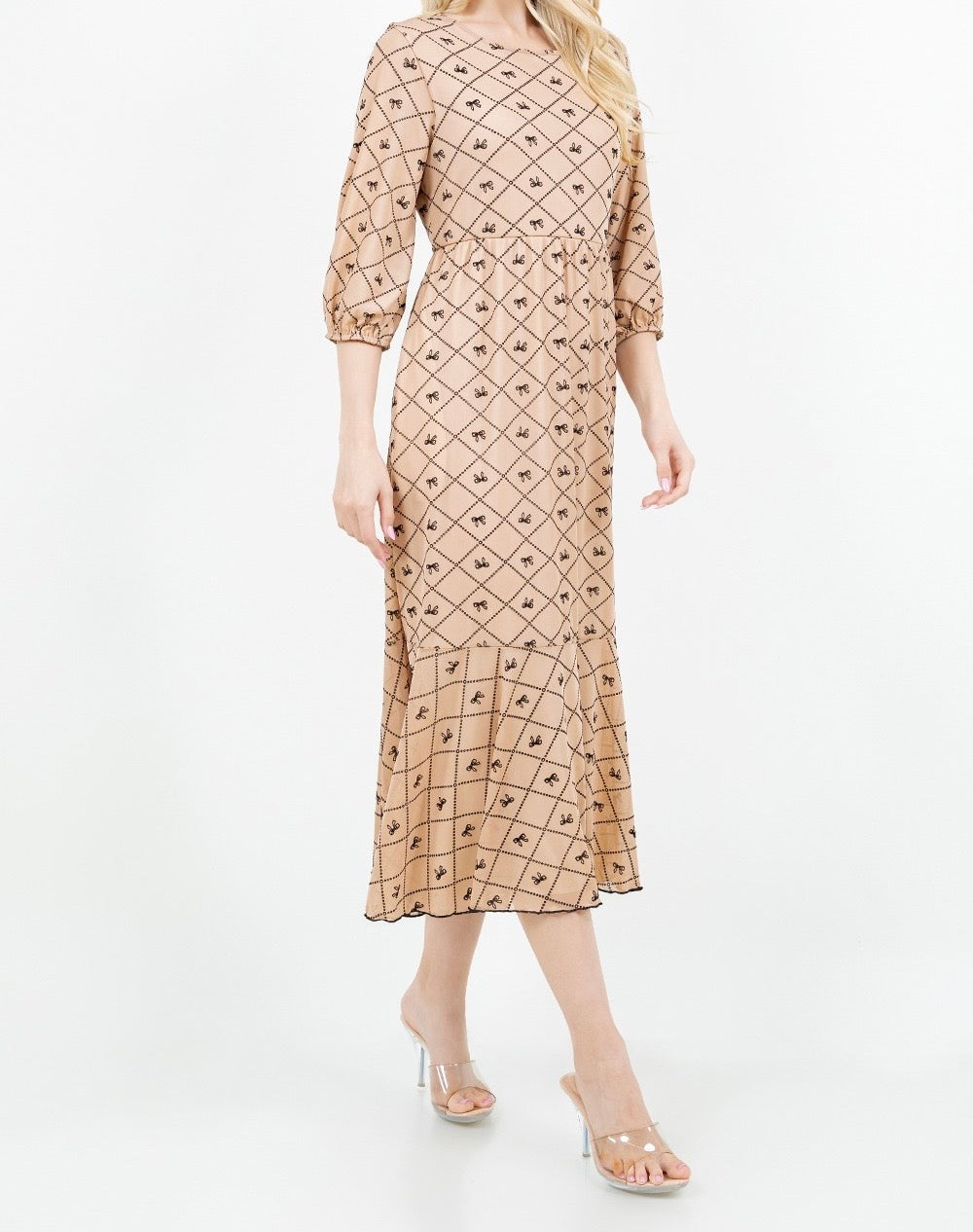 Bow Allure Dress In Beige. Sizes S - 3X