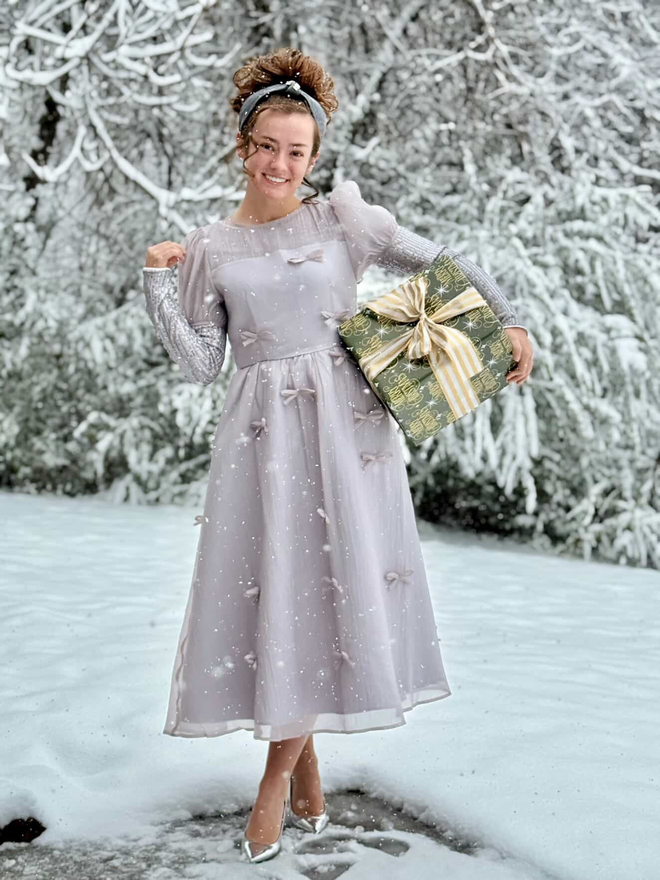 Holiday Luxe Ribbon Dress in Silver.