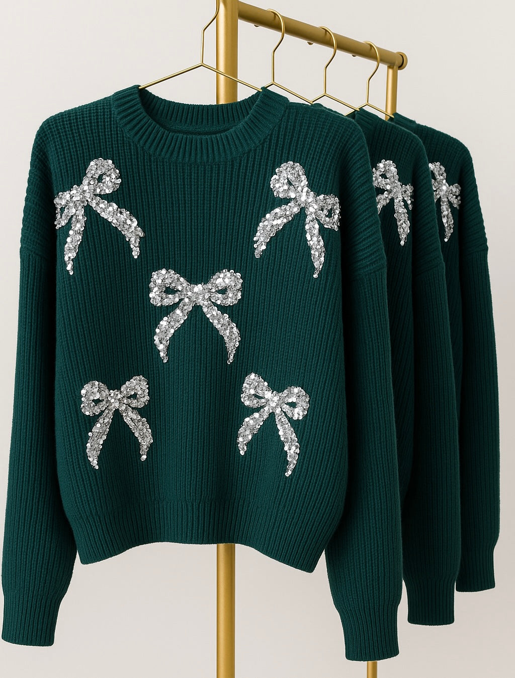 Silver Sparkle Bow Sweater in Hunter Green.