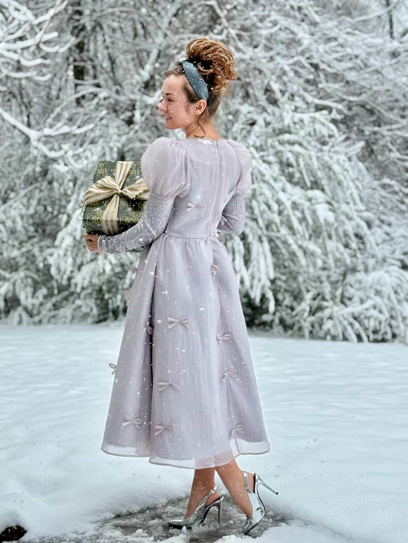 Holiday Luxe Ribbon Dress in Silver.