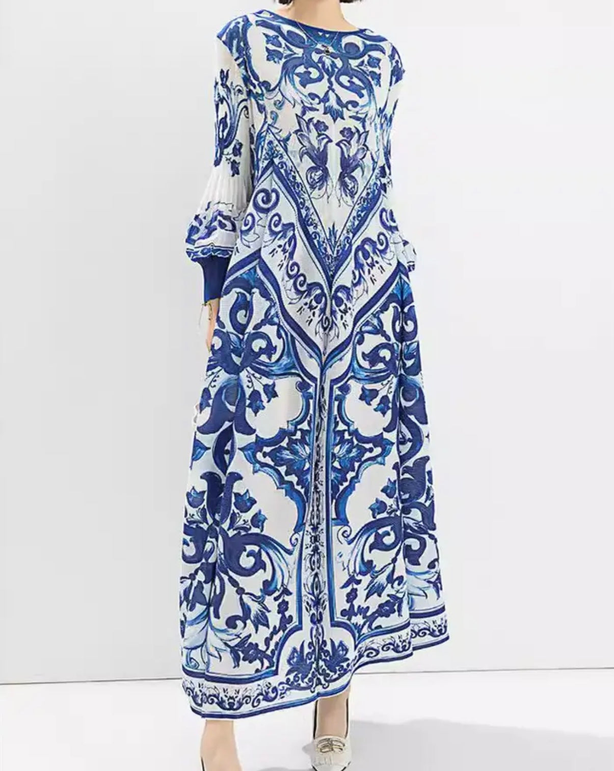 Blue Color - Vintage Dreams Dress ** Preorder ETA 2/3 Weeks - Vibrant Color and Unique Print Style with Long Lantern Sleeves - Round Neck