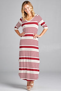 Striped Dress - V-Neck Neckline, Viscose Blend Material. Comfy and Casual Fit with All Over Stretch, Ruby Color, Horizontal Striped Design - Design Different Than Traditional Horizontal Prints, 3/4 Length Sleeves, Maxi Length Style, Rounded Hem with Side Slits, Side Pockets