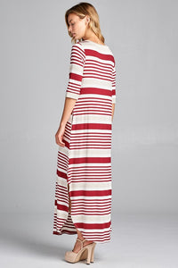 Side/Back View of Striped Dress - V-Neck Neckline, Viscose Blend Material. Comfy and Casual Fit with All Over Stretch, Ruby Color, Horizontal Striped Design - Design Different Than Traditional Horizontal Prints, 3/4 Length Sleeves, Maxi Length Style, Rounded Hem with Side Slits, Side Pockets