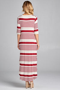 Back View of Striped Dress - V-Neck Neckline, Viscose Blend Material. Comfy and Casual Fit with All Over Stretch, Ruby Color, Horizontal Striped Design - Design Different Than Traditional Horizontal Prints, 3/4 Length Sleeves, Maxi Length Style, Rounded Hem with Side Slits, Side Pockets