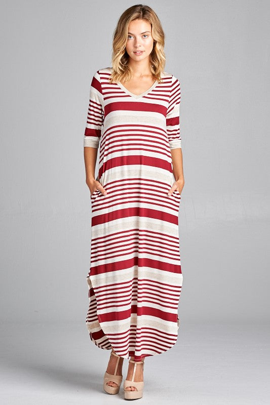 Striped Dress - V-Neck Neckline, Viscose Blend Material. Comfy and Casual Fit with All Over Stretch, Ruby Color, Horizontal Striped Design - Design Different Than Traditional Horizontal Prints, 3/4 Length Sleeves, Maxi Length Style, Rounded Hem with Side Slits, Side Pockets