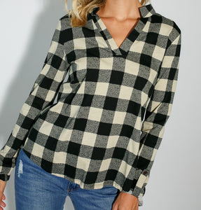 Checkerboard Style Top in Black/Taupe Buffalo Plaid Print - Long Sleeves - V-Neck Neckline with Flat Collar - Detail Buttons and Strap for Sleeve Adjustment