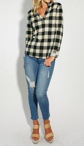 Checkerboard Style Top in Black/Taupe Buffalo Plaid Print - Long Sleeves - V-Neck Neckline with Flat Collar - Detail Buttons and Strap for Sleeve Adjustment