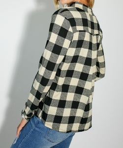 Checkerboard Style Top in Black/Taupe Buffalo Plaid Print - Long Sleeves - V-Neck Neckline with Flat Collar - Detail Buttons and Strap for Sleeve Adjustment