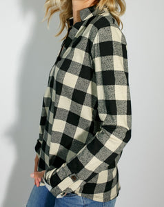 Checkerboard Style Top in Black/Taupe Buffalo Plaid Print - Long Sleeves - V-Neck Neckline with Flat Collar - Detail Buttons and Strap for Sleeve Adjustment