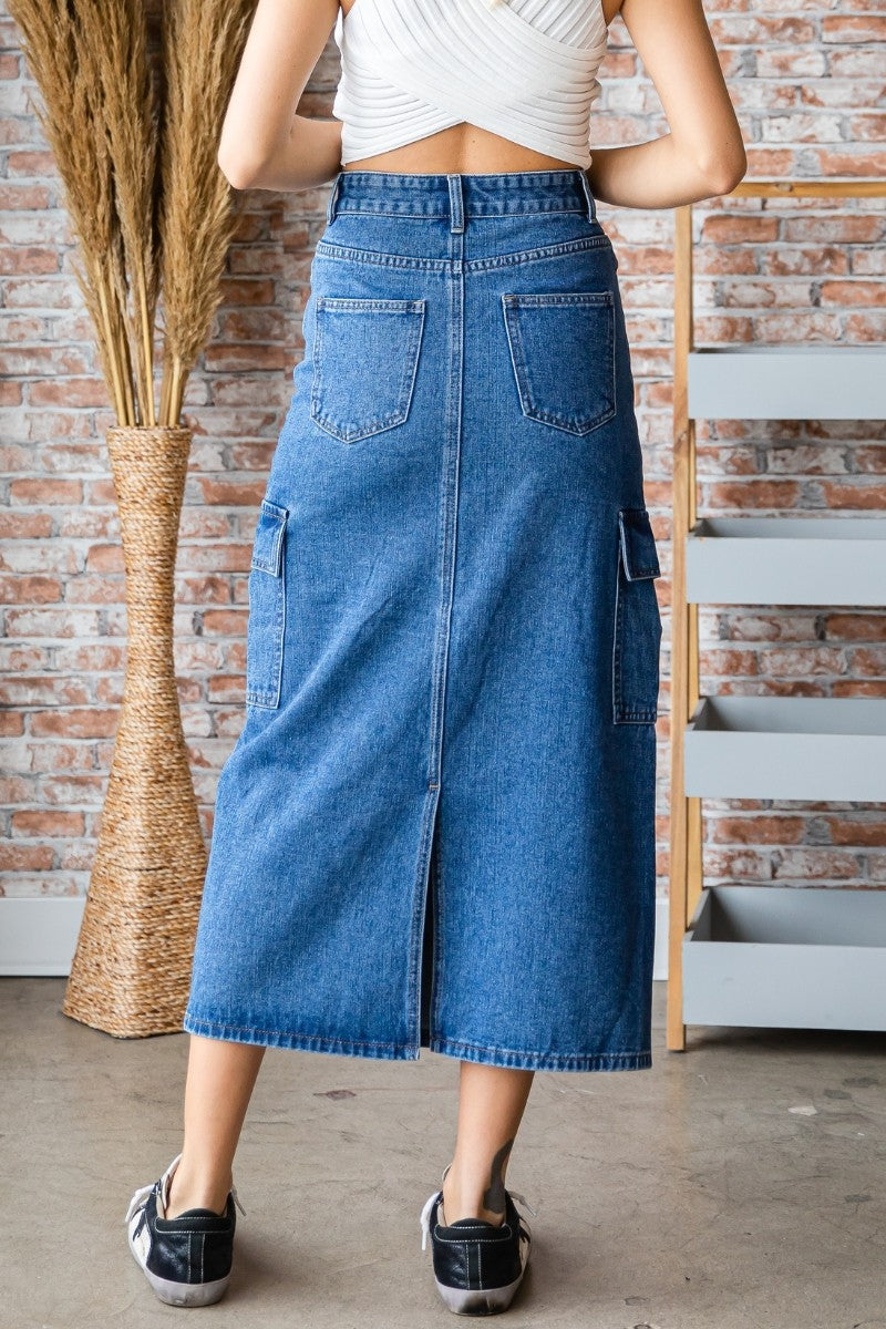 Back View of Denim Simplicity Skirt in Medium Wash Color