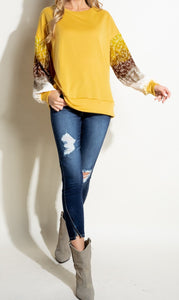 Ombre Blossom Top in Mustard with Gradient Sleeves in Mustard, Brown, Tan, and White with Mustard Cuffs - Loose, Oversized Fit - Available in Plus Size 1X-3X