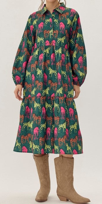 Hunter Green Color - Wild Horses of Grace Dress - Midi Length - Tiered Style - Collared Neckline - Long Sleeves with Elastic Cuffs - Bold Multicolor Horse Print