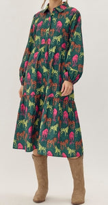 Hunter Green Color - Wild Horses of Grace Dress - Midi Length - Tiered Style - Collared Neckline - Long Sleeves with Elastic Cuffs - Bold Multicolor Horse Print