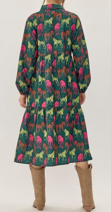 Back View of Hunter Green Color - Wild Horses of Grace Dress - Midi Length - Tiered Style - Collared Neckline - Long Sleeves with Elastic Cuffs - Bold Multicolor Horse Print