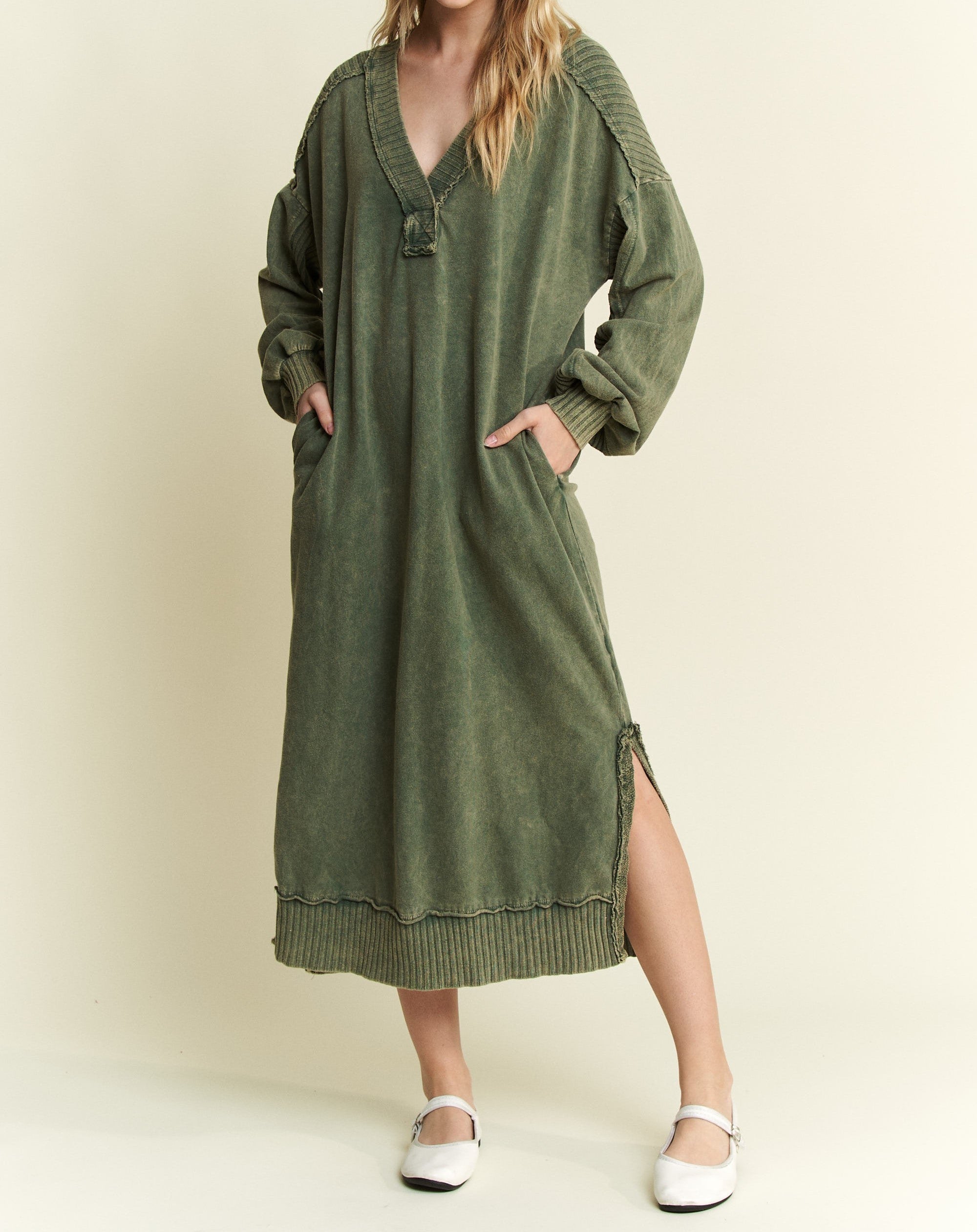 Olive Color - Feeling Cozy Sweater Dress ☆ ETA 11/7 ☆ - Cozy Knit Fabric - V-Neck Neckline - Long Sleeves - Ribbed Design Across Shoulders and Hem - Side Slits on Bottom of Dress - Side Pockets 