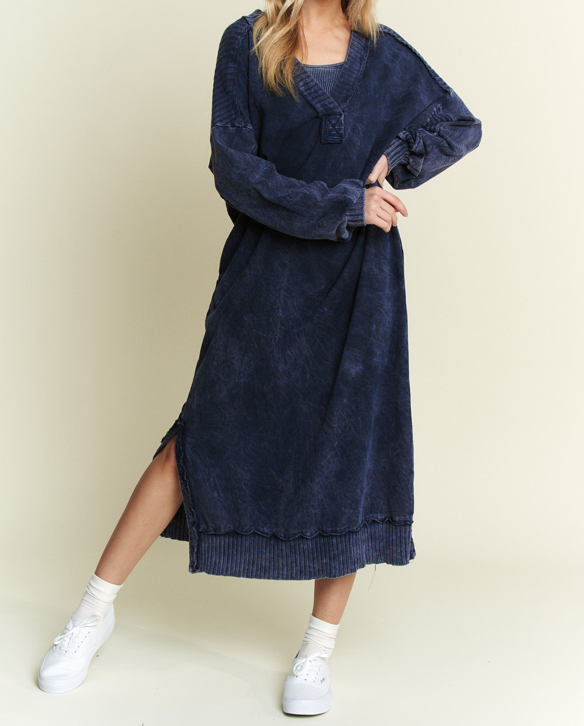 Navy Color - Feeling Cozy Sweater Dress ☆ ETA 11/7 ☆ - Cozy Knit Fabric - V-Neck Neckline - Long Sleeves - Ribbed Design Across Shoulders and Hem - Side Slits on Bottom of Dress - Side Pockets