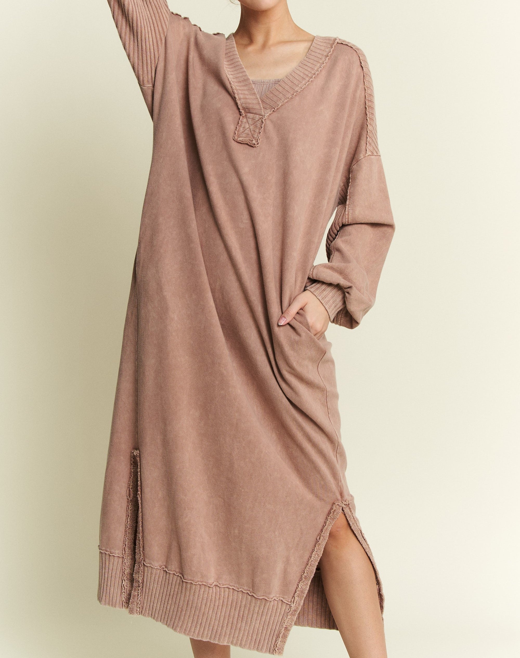 Espresso Color - Feeling Cozy Sweater Dress ☆ ETA 11/7 ☆ - Cozy Knit Fabric - V-Neck Neckline - Long Sleeves - Ribbed Design Across Shoulders and Hem - Side Slits on Bottom of Dress - Side Pockets