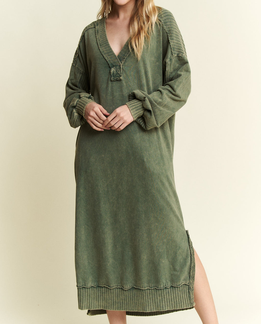 Olive Color - Feeling Cozy Sweater Dress ☆ ETA 11/7 ☆ - Cozy Knit Fabric - V-Neck Neckline - Long Sleeves - Ribbed Design Across Shoulders and Hem - Side Slits on Bottom of Dress - Side Pockets