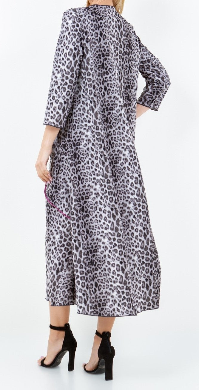 Back View of Pretty in Leopard Dress in Gray Leopard Print with Pink Stitch Detail and Front Pocket