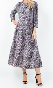 Pretty in Leopard Dress in Gray Leopard Print with Pink Stitch Detail and Front Pocket