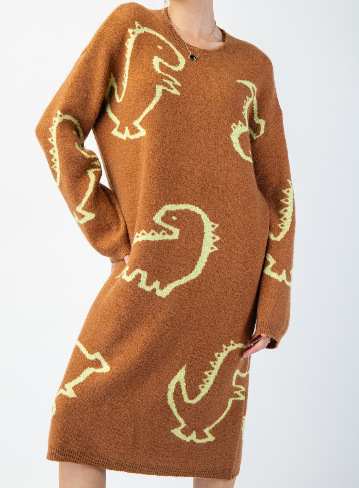 Dino Nugget Special Knit Dress - Camel Lime Color