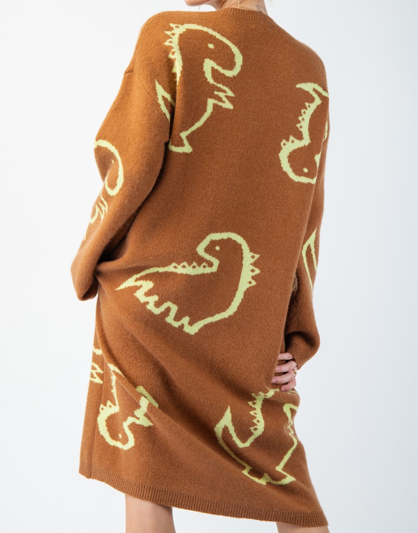 Back View of Dino Nugget Special Knit Dress - Camel Lime Color