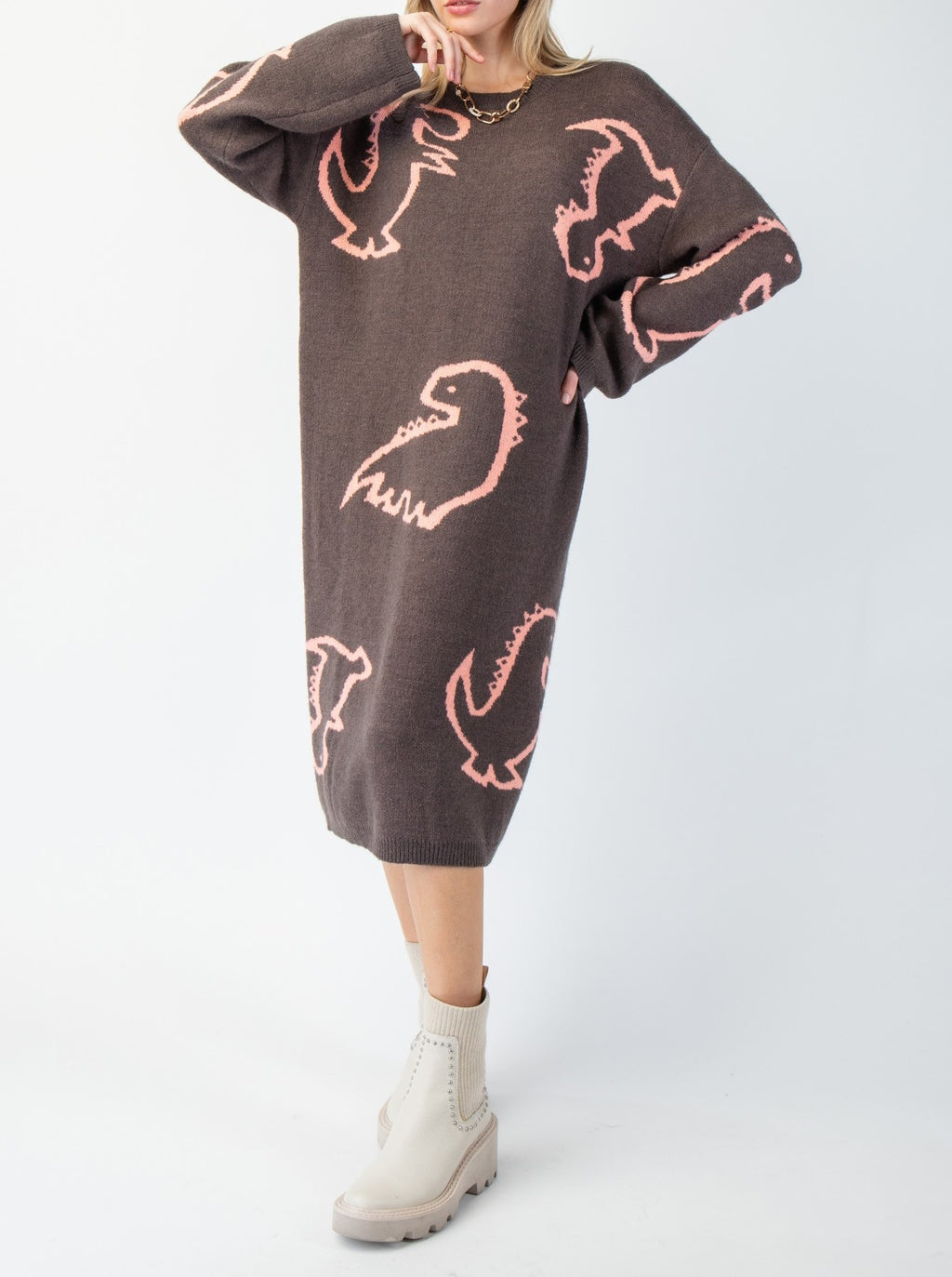 Dino Nugget Special Knit Dress - Blush Mocha Color