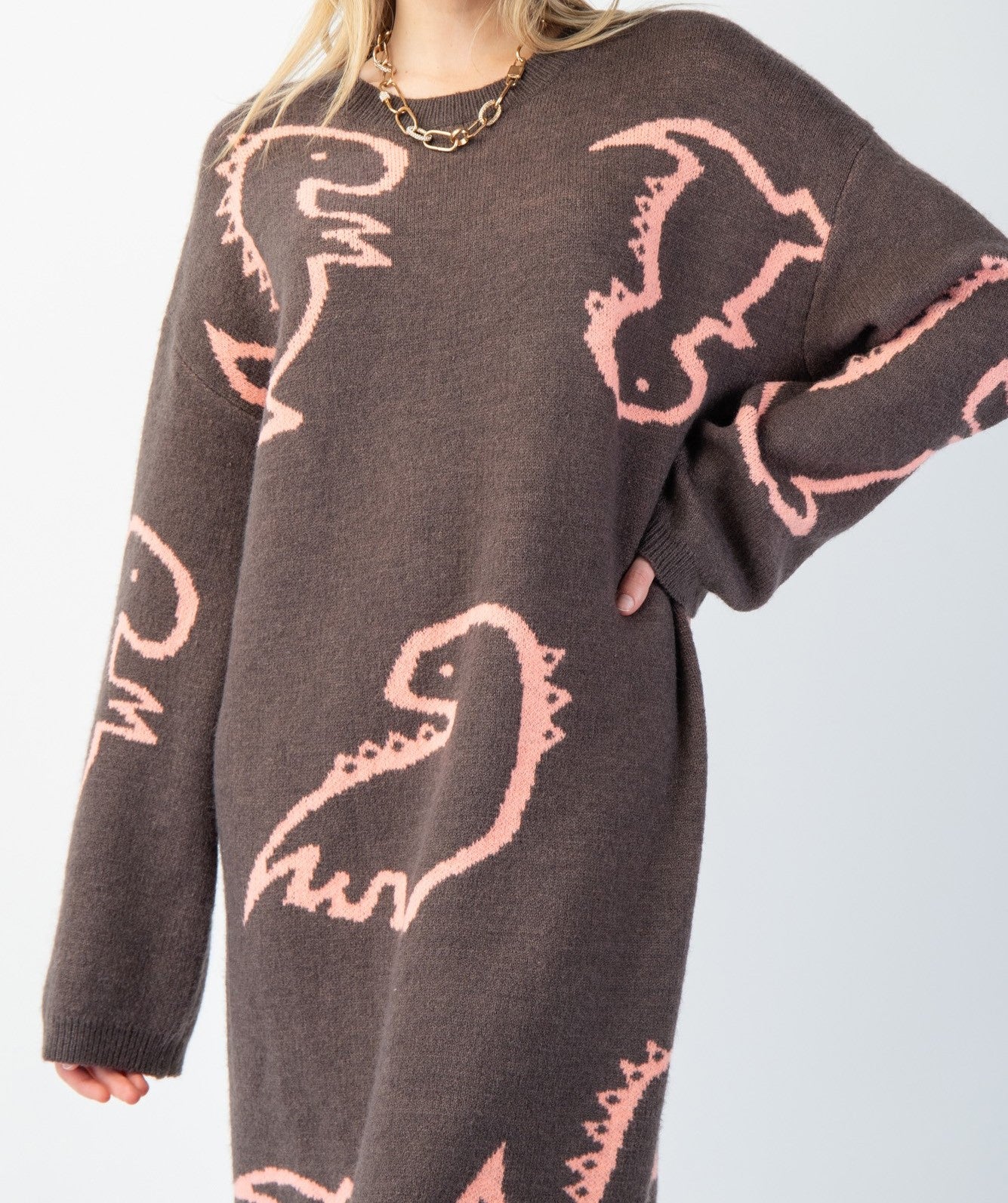 Detail View of Dino Nugget Special Knit Dress - Blush Mocha Color