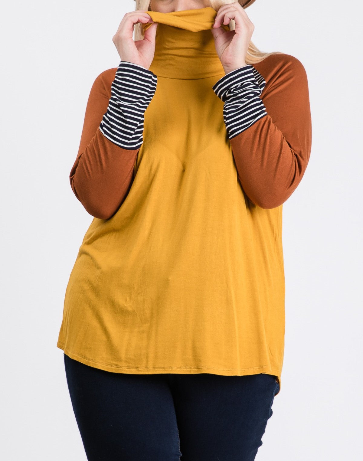 ☆ 1X - 3X ☆ - Cowl Neck - Mustard, Rust, Black/White Stripes