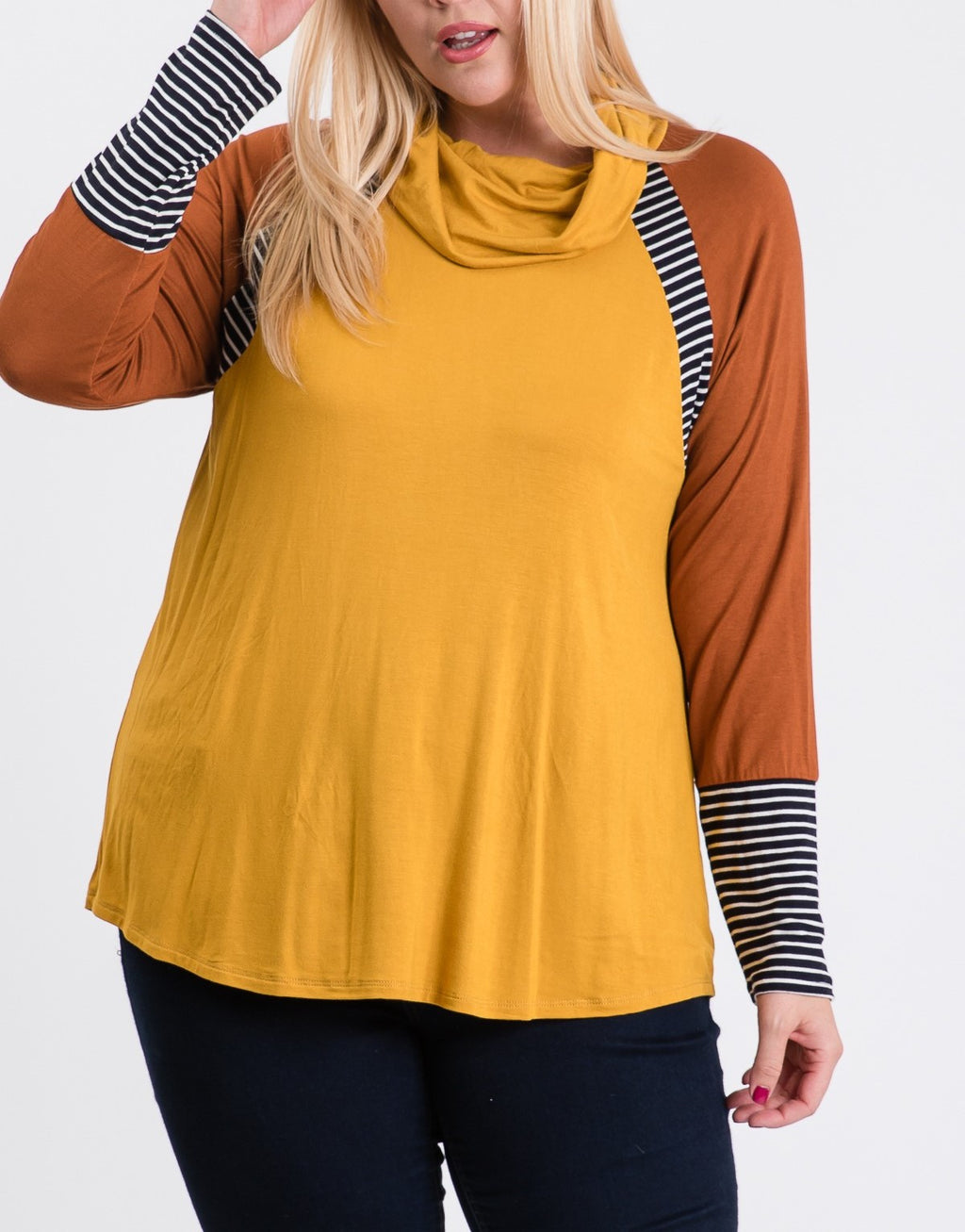 ☆ 1X - 3X ☆ - Cowl Neck - Mustard, Rust, Black/White Stripes