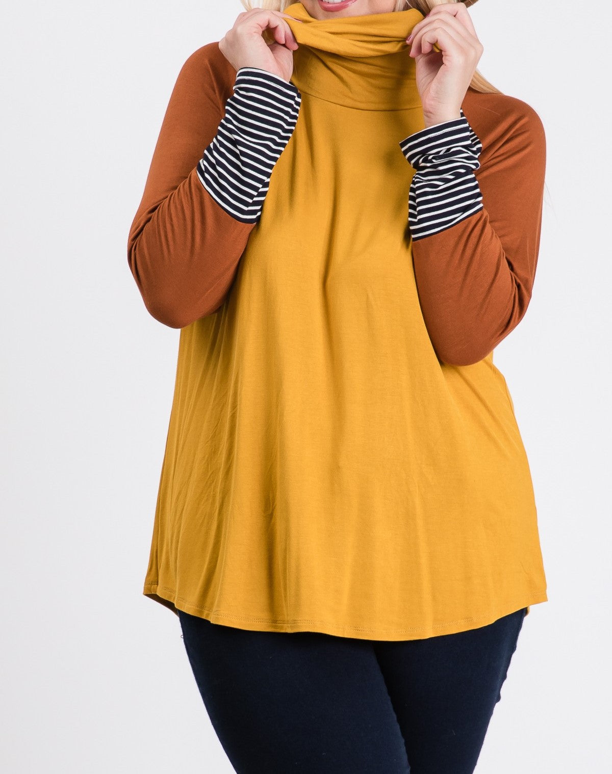 ☆ 1X - 3X ☆ - Cowl Neck - Mustard, Rust, Black/White Stripes