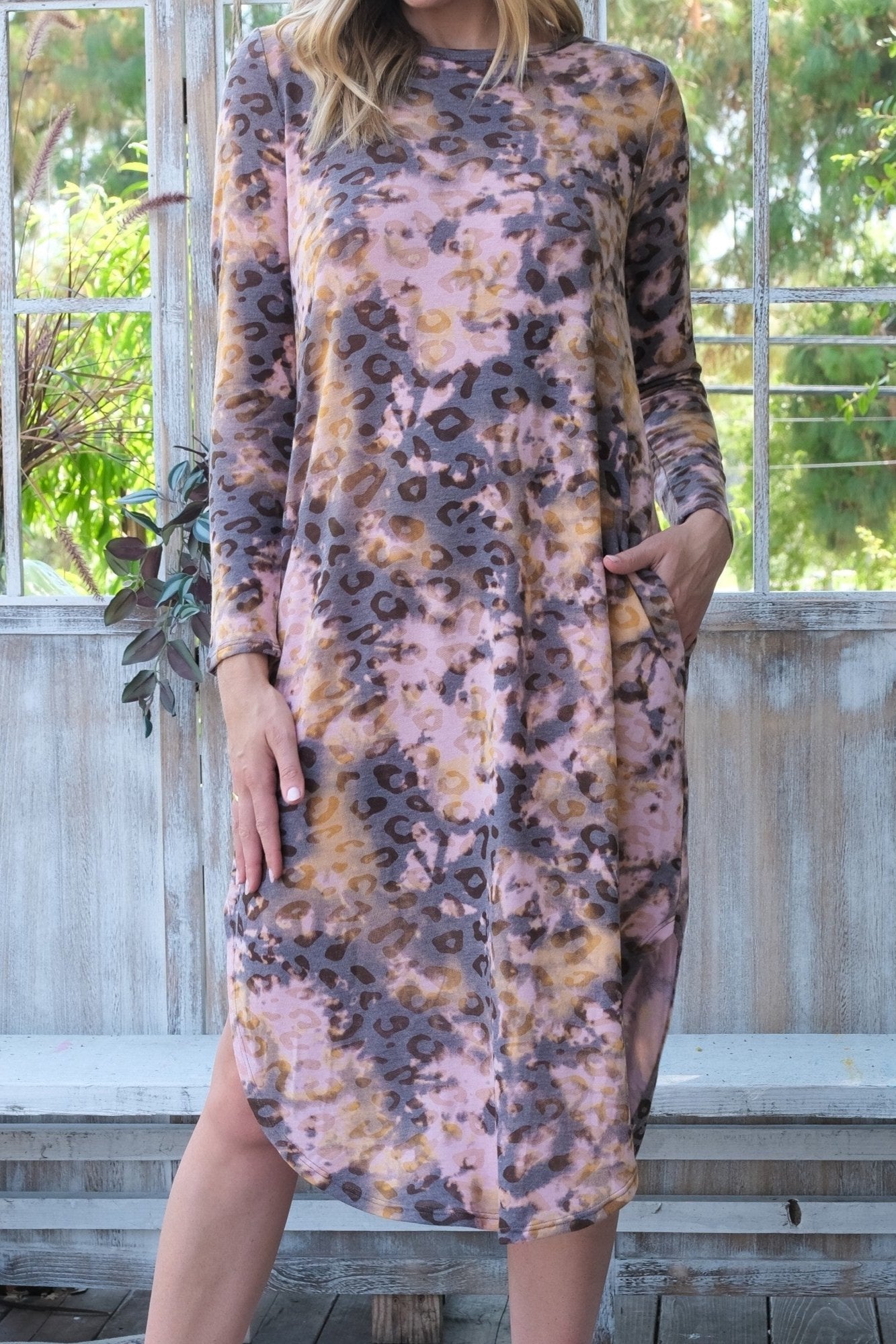 Leopard Wonder Dress - Leopard/Tie Dye Mix Print, Brown Color, Midi Length, Polyester Blend with All Over Stretch, Long Sleeves
Side Pockets, Rounded Hem with Side Slits