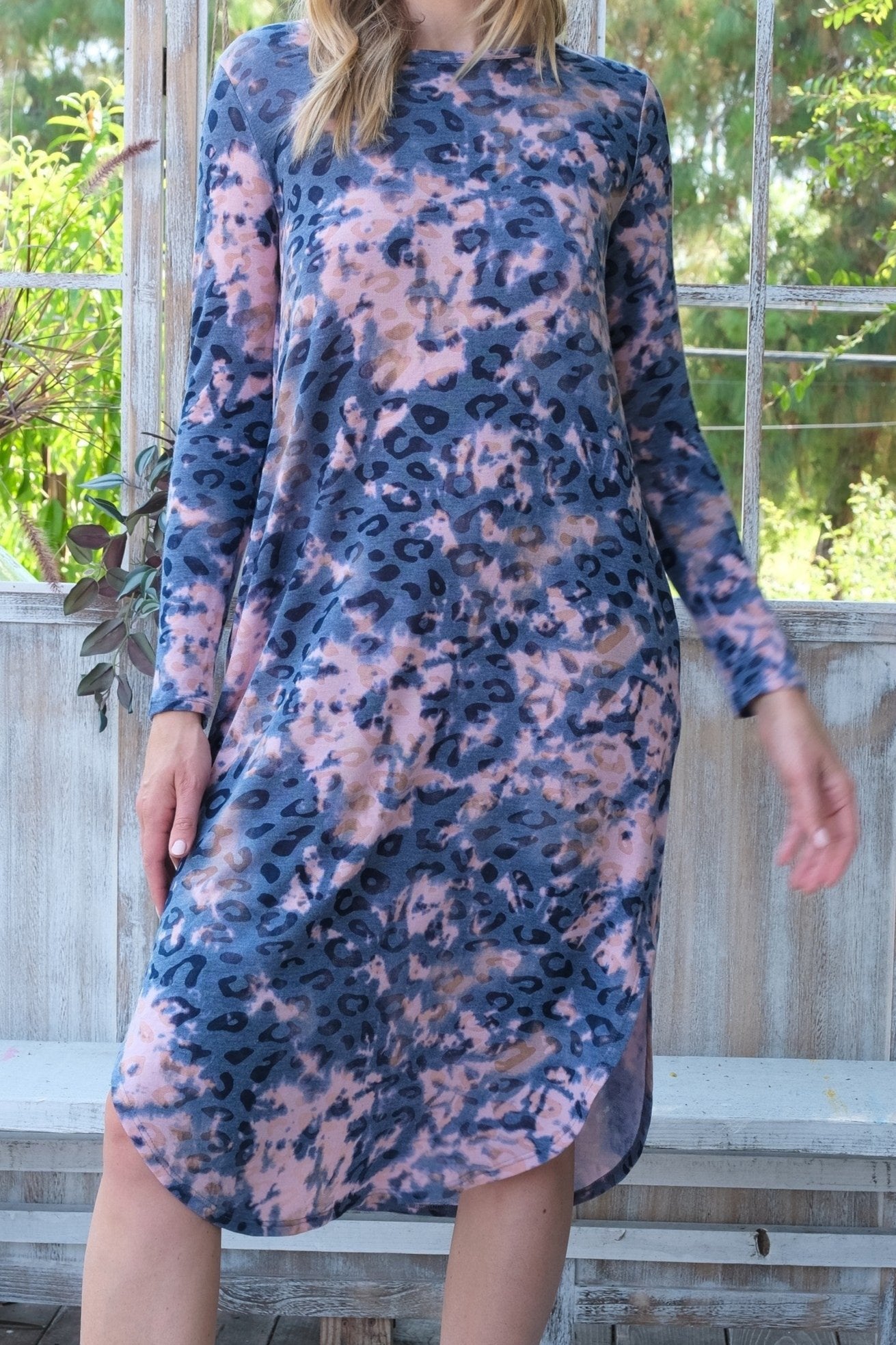 Leopard Wonder Dress - Leopard/Tie Dye Mix Print, Navy Color, Midi Length, Polyester Blend with All Over Stretch, Long Sleeves
Side Pockets, Rounded Hem with Side Slits