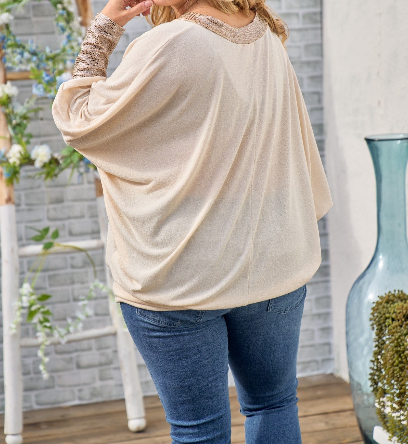 Sparkle Sweetly Top ☆ 1X - 3X ☆ - Ivory Color - V-Neck - Sequin Detail on Cuffs and Neckline - Batwing Style