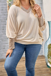 Sparkle Sweetly Top ☆ 1X - 3X ☆ - Ivory Color - V-Neck - Sequin Detail on Cuffs and Neckline - Batwing Style