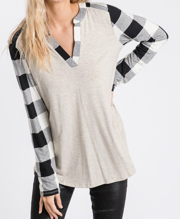 Plaid to Go Top - Oatmeal, Black/White Plaid Color - V-Neck - Long Sleeve