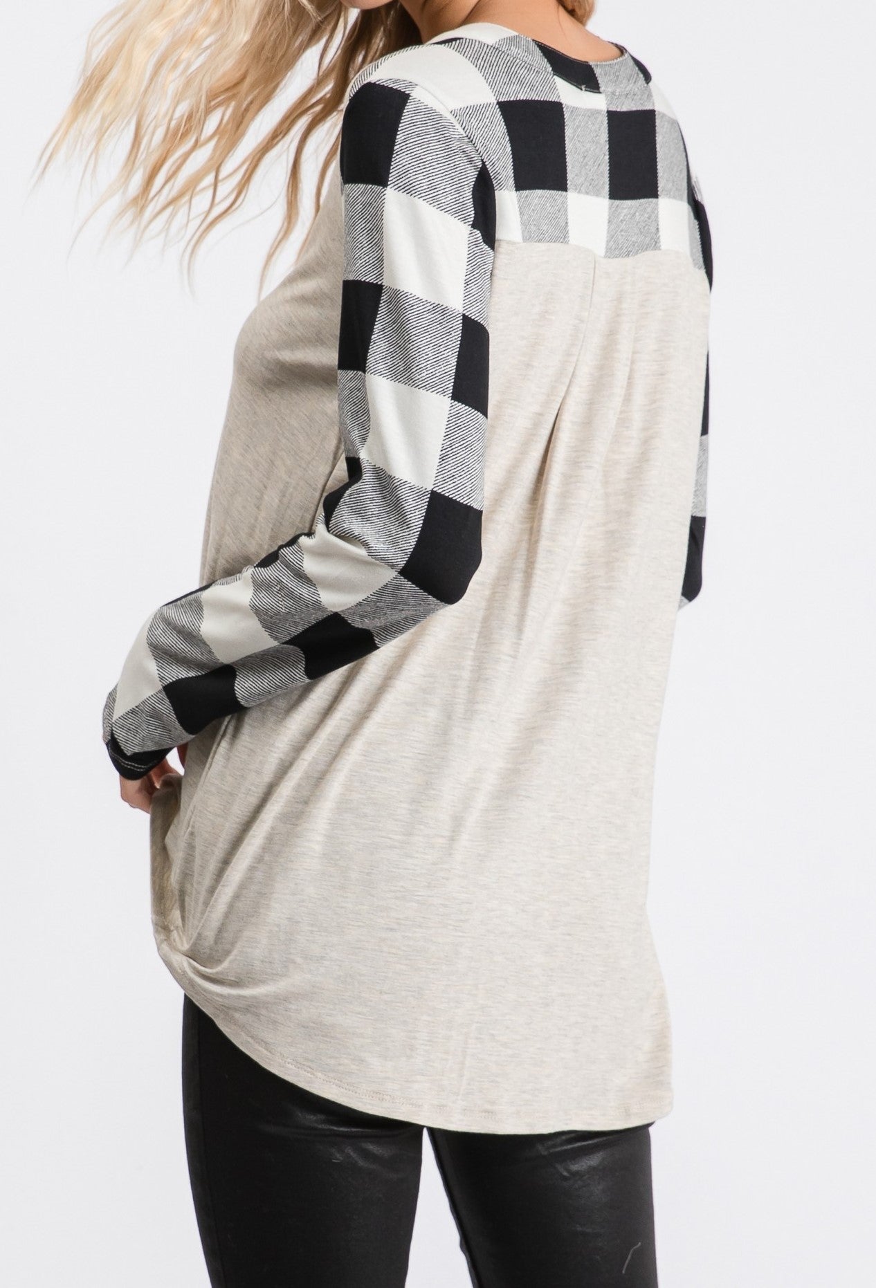 Back View of Plaid to Go Top - Oatmeal, Black/White Plaid Color - V-Neck - Long Sleeve