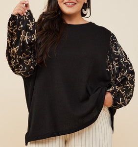 Black Color - Bow Waltz Top - Textured Knit Fabric - Round Neckline - Long Sleeves - Loose and Comfy Fit