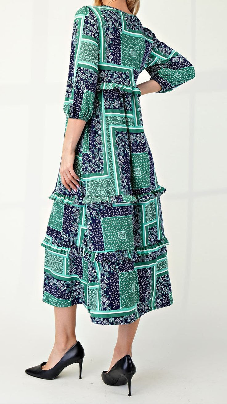 Back View of Navy/Green Paisley Patchwork and Geometric Print - Midi Length Dress with 3/4 Elastic Cuffed Sleeves, Round Neckline, Ruffle on Bodice and Ruffles on Skirt