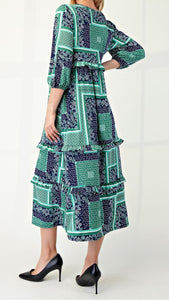 Back View of Navy/Green Paisley Patchwork and Geometric Print - Midi Length Dress with 3/4 Elastic Cuffed Sleeves, Round Neckline, Ruffle on Bodice and Ruffles on Skirt