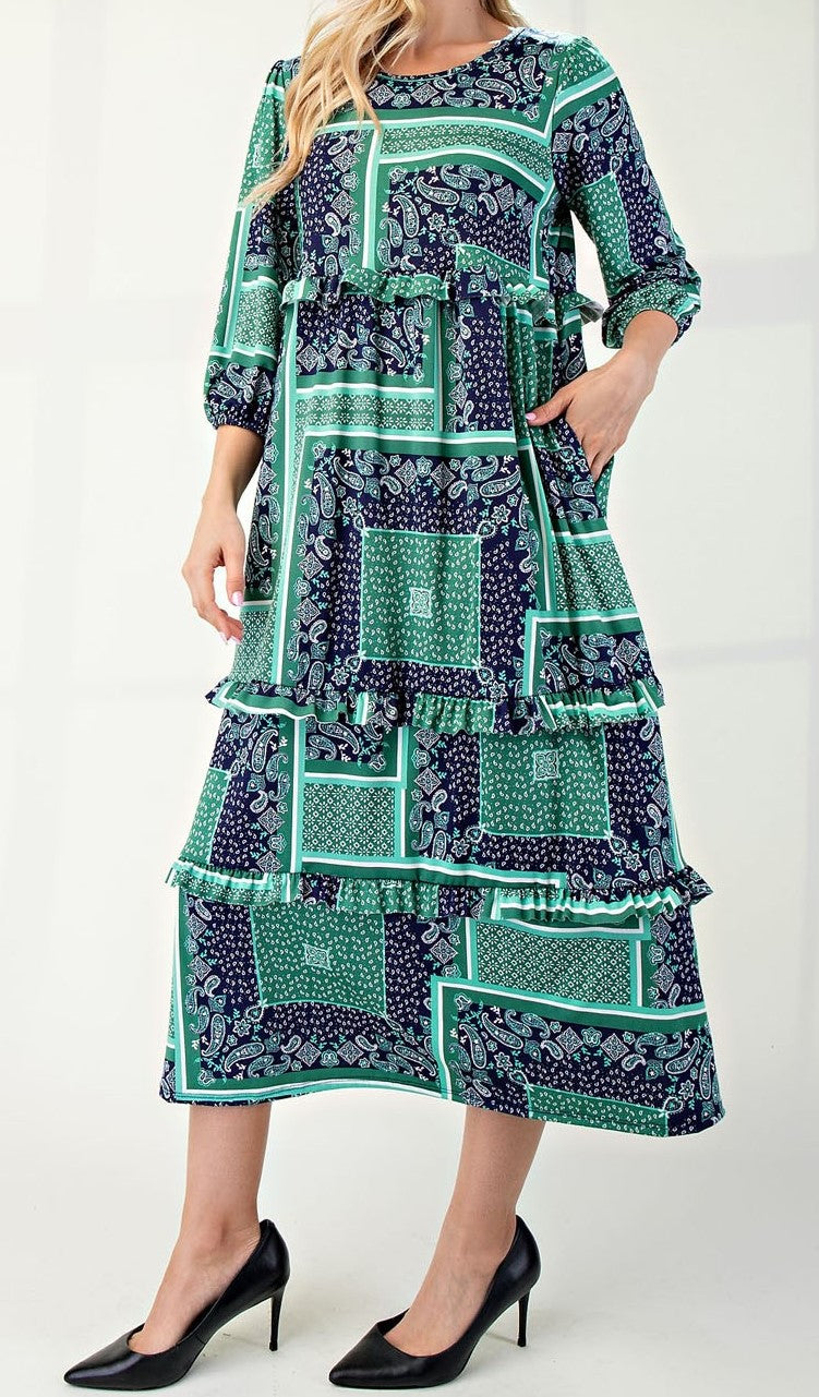 Navy/Green Paisley Patchwork and Geometric Print - Midi Length Dress with 3/4 Elastic Cuffed Sleeves, Round Neckline, Ruffle on Bodice and Ruffles on Skirt