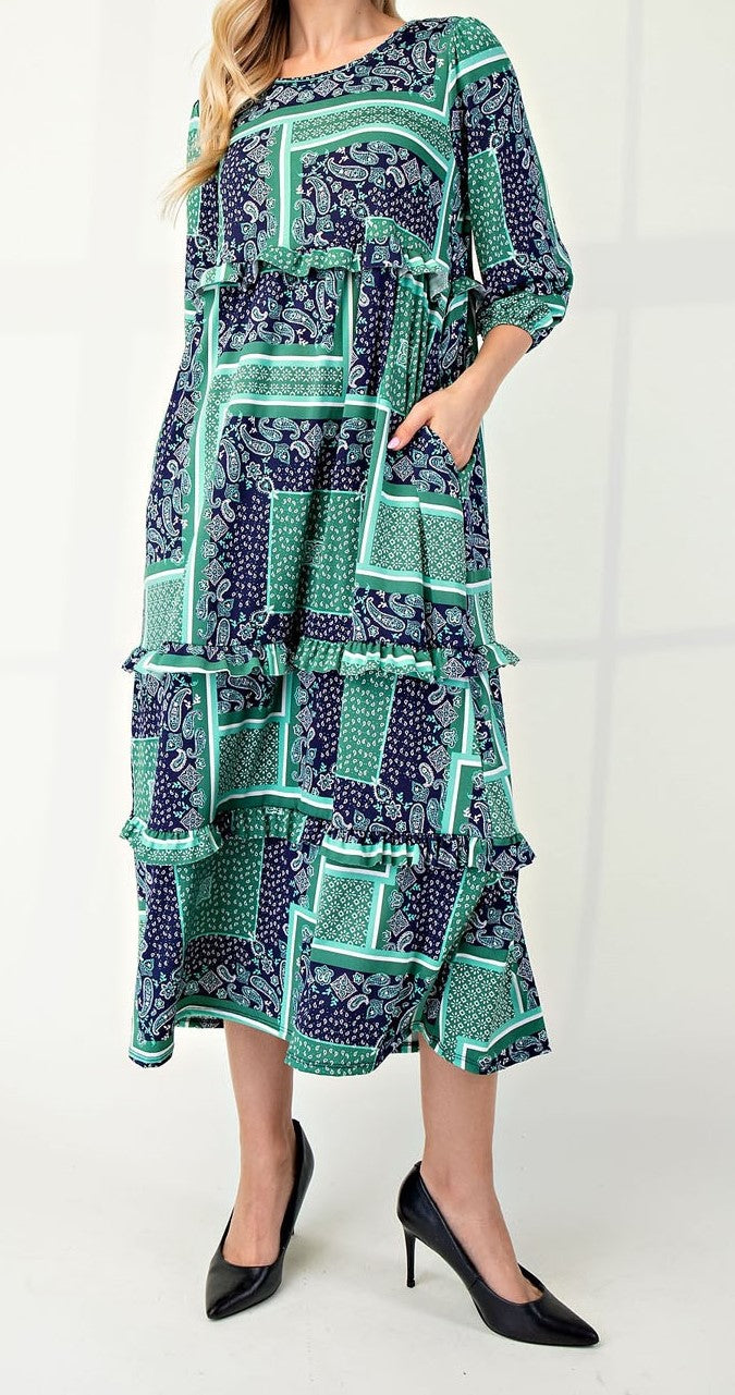 Navy/Green Paisley Patchwork and Geometric Print - Midi Length Dress with 3/4 Elastic Cuffed Sleeves, Round Neckline, Ruffle on Bodice and Ruffles on Skirt