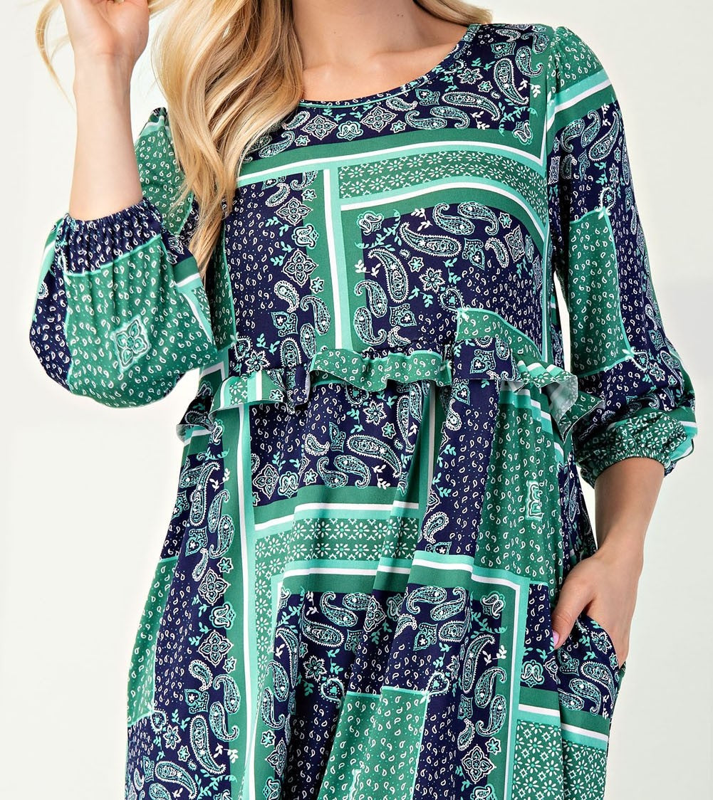 Detail View of Navy/Green Paisley Patchwork and Geometric Print - Midi Length Dress with 3/4 Elastic Cuffed Sleeves, Round Neckline, Ruffle on Bodice and Ruffles on Skirt