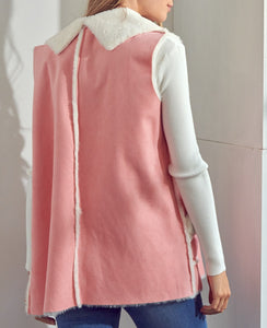 Back View of Pink Color - Warm and Cozy Vest - Sherpa Lining, Side Pockets, & Peter Pan Style Collar on Back Neckline