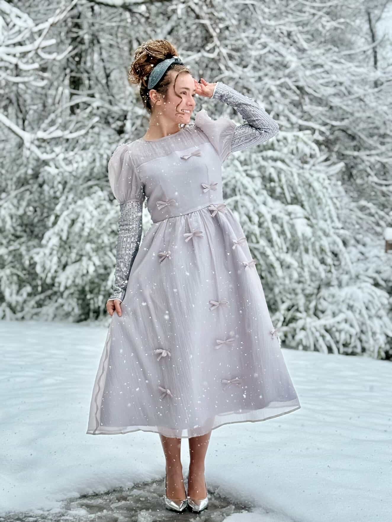 Holiday Luxe Ribbon Dress in Silver.