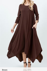 Simply Brown-Tastic Maxi Dress in Brown with 3/4 length sleeves and handkerchief bottom.