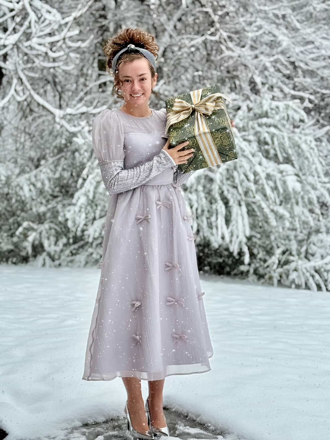 Holiday Luxe Ribbon Dress in Silver.