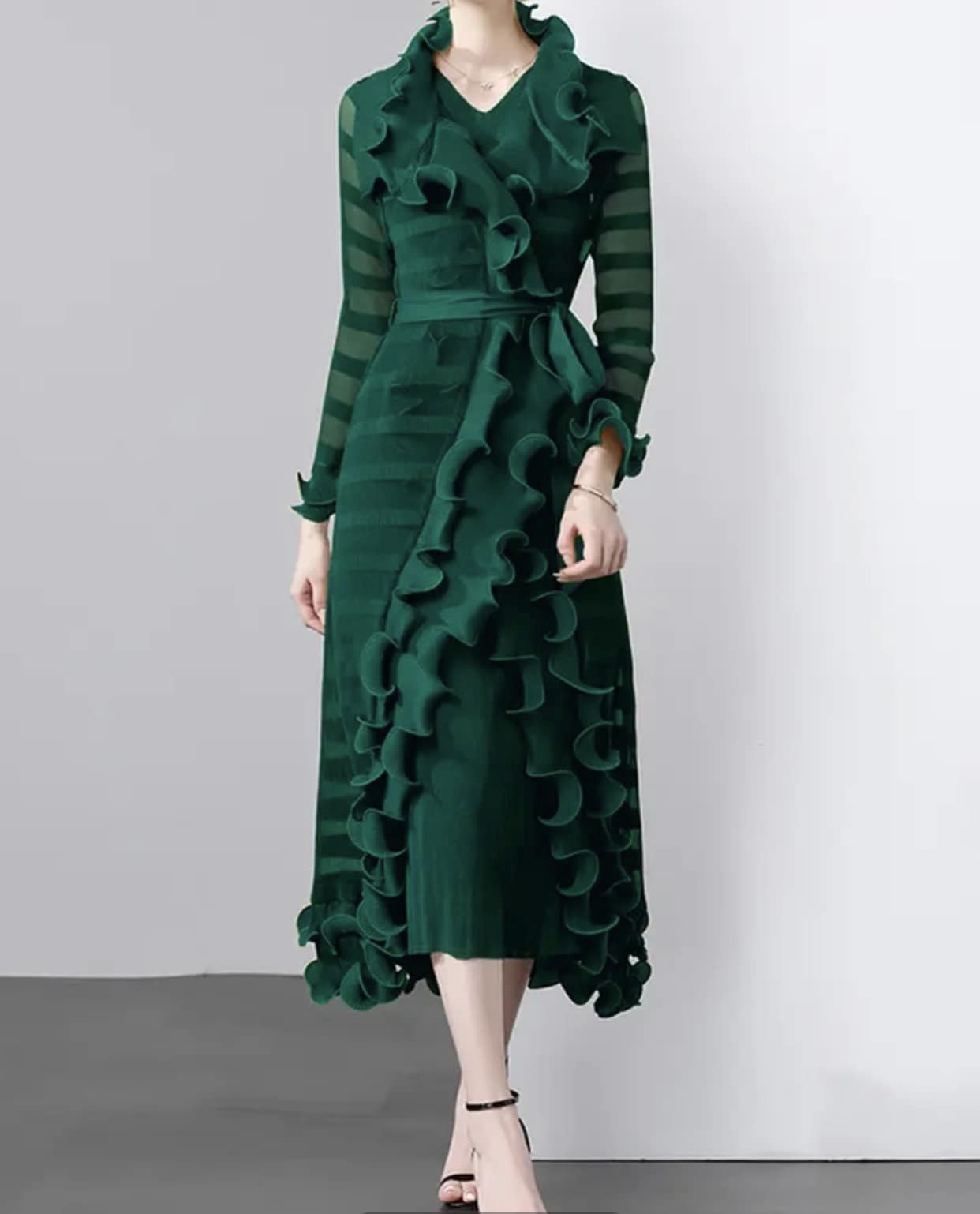 Green Color - Elegance Edition Set ☆ Preorder ☆ ETA 2/3 Weeks - Two Piece Set with Layering Dress - Layering Dress has Long Striped Sheer Sleeves with Ruffled Neckline, Sleeves, and Cascading Ruffles Down Front - Waist Tie for Cinching and Closing Top Layer - Base Layer Dress is V-Neck Neckline and Sleeveless