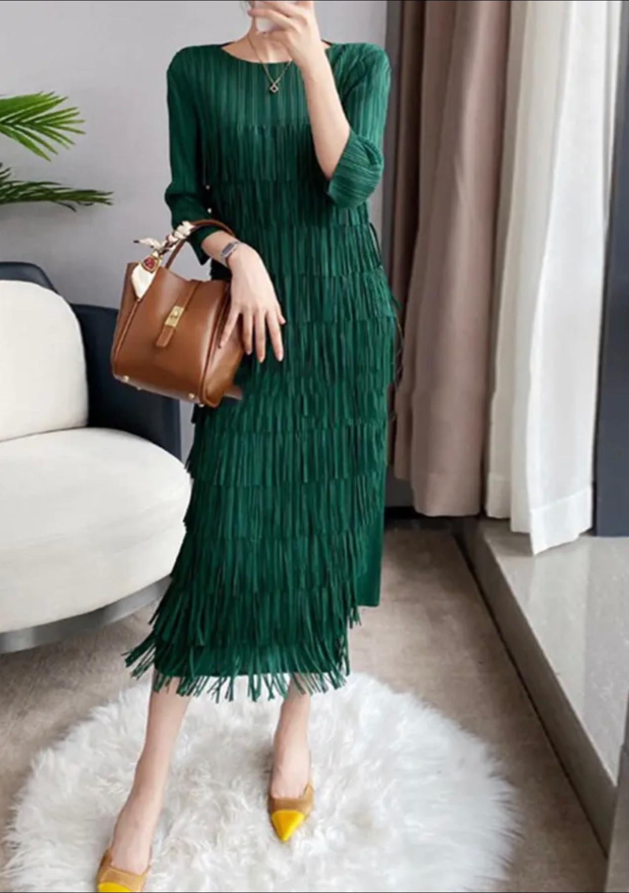 Dark Green Color - Fringed Bliss Dress ☆ Preorder ☆ ETA 2/3 Weeks - Soft Pleated Style Dress with Fringe on Front, Back of Dress is Soft Pleated Design (No Fringe), 3/4 Length Sleeves with Soft Pleated Design (No Fringe), Round Neck, Midi Length