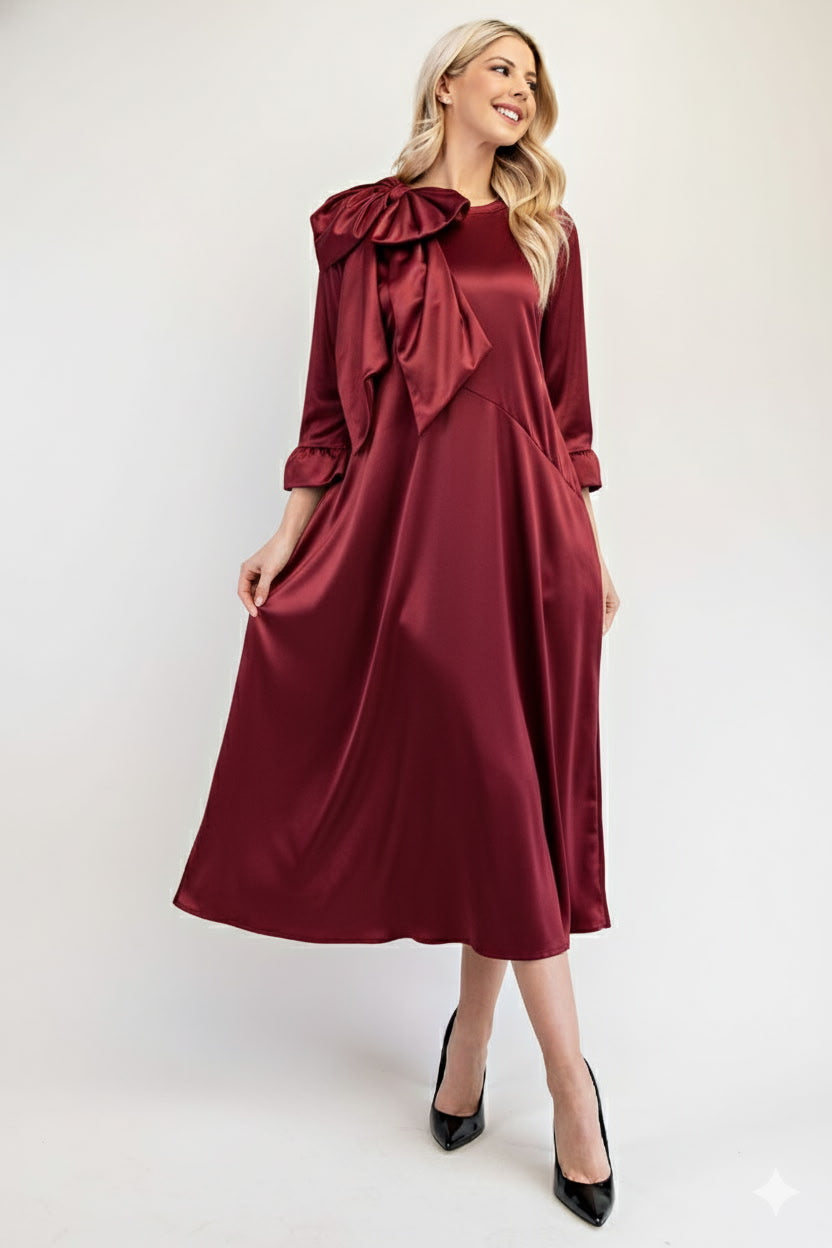 ✨ Regal Ribbon Knit Satin Dress In Burgundy✨Sizes Small - 3X
